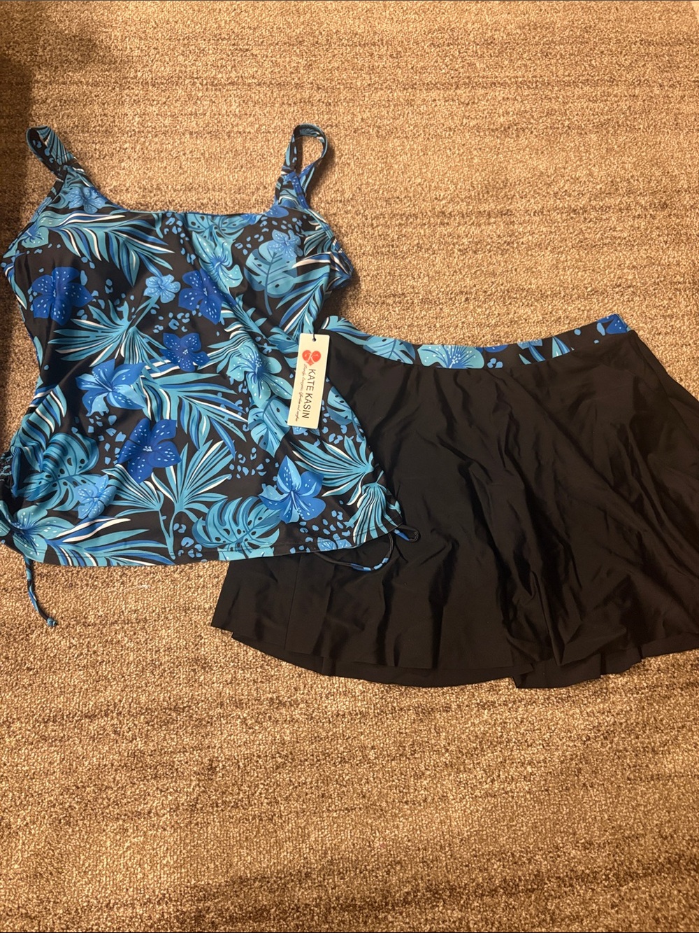 Blue Tropical Print Tankini Top & Black Skirt Swim Set NWT